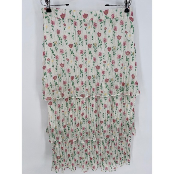 Umgee Dresses & Skirts - UMGEE Floral Tiered Maxi Skirt Women L White Pink Pleated Lined Chiffon‎ Cottage